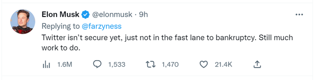 改口?马斯克称推特“不再处于破产快车道上”,但还有很多工作要做