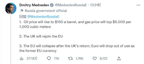 梅德韦杰夫2023年十大“荒谬”预测:油价将升至150美元,马斯克当选美国总统